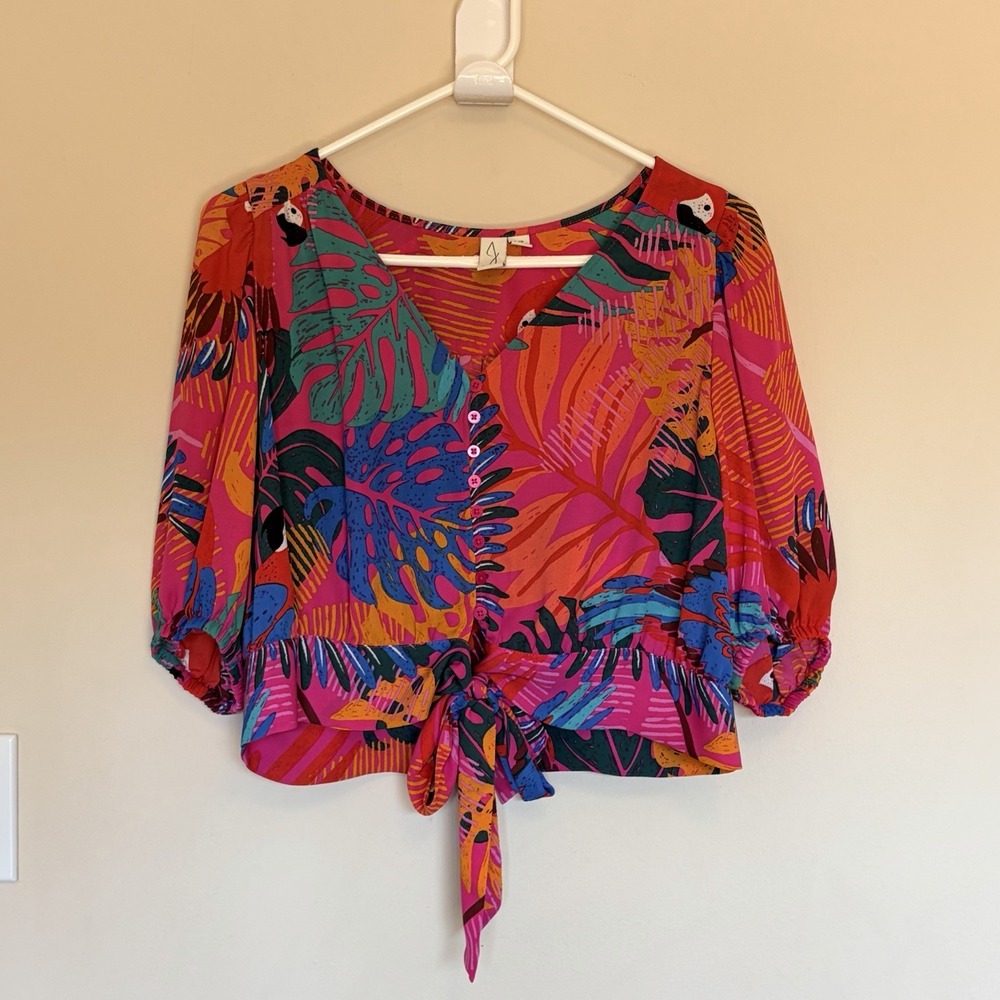 Joie Pink Tropical Palm Floral Bird Vneck Button Tie Front Crop Top Blouse Large